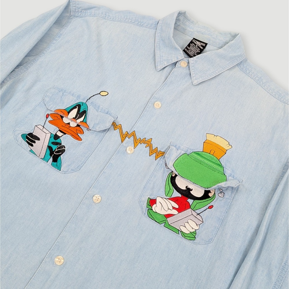 Warner Bros Marvin The Martian Daffy Duck Chambray Shirt Medium Vintage 90s